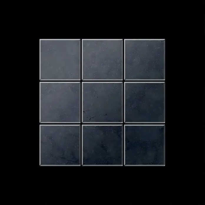 ALLOY Mosaikfliese Mosaik Fliese massiv Metall Rohstahl gewalzt grau 1,6mm stark Century-RS - 98 x 98 mm, Grau, Sonstiges - Neun dunkelgraue quadratische Fliesen in einem Raster mit einer leicht texturierten Oberfläche.