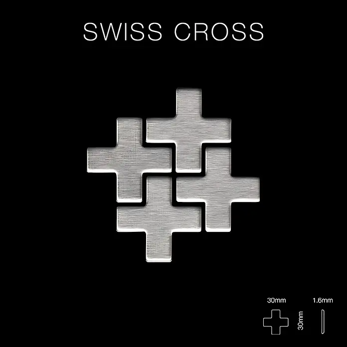 ALLOY Mosaikfliese Mosaik Fliese massiv Edelstahl marine gebürstet grau Swiss Cross-S-S-MB - 322 x 322 mm, Grau, Silber, Blau, Sonstiges - Vier ineinandergreifende, gebürstete silberne Schweizer Kreuze, je 30mm breit und 1,6mm dick.