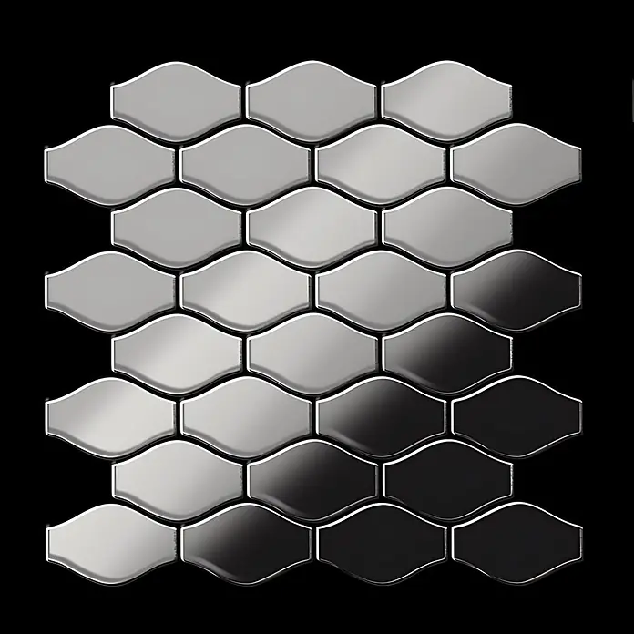 ALLOY Mosaikfliese Mosaik Fliese massiv Edelstahl marine hochglanz grau 1,6mm Karma-S-S-MM - 329 x 301 mm, Grau, Silber, Blau, Hochglänzend - Glänzende, wellenförmige Metall-Mosaikfliesen im Farbverlauf von Silber zu Schwarz.