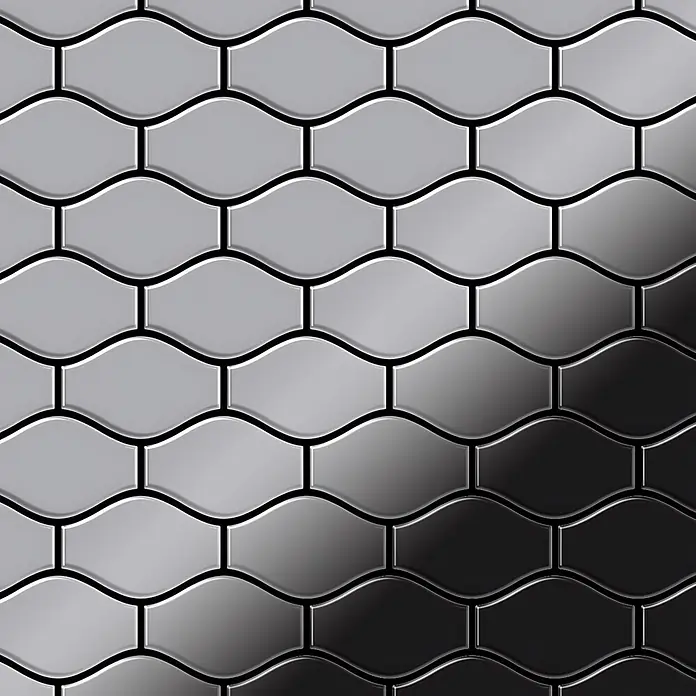 ALLOY Mosaikfliese Mosaik Fliese massiv Edelstahl marine hochglanz grau 1,6mm Karma-S-S-MM - 329 x 301 mm, Grau, Silber, Blau, Hochglänzend - Glänzende, grau-schwarze Wellenform-Kacheln in versetztem Muster mit schwarzen Fugen.
