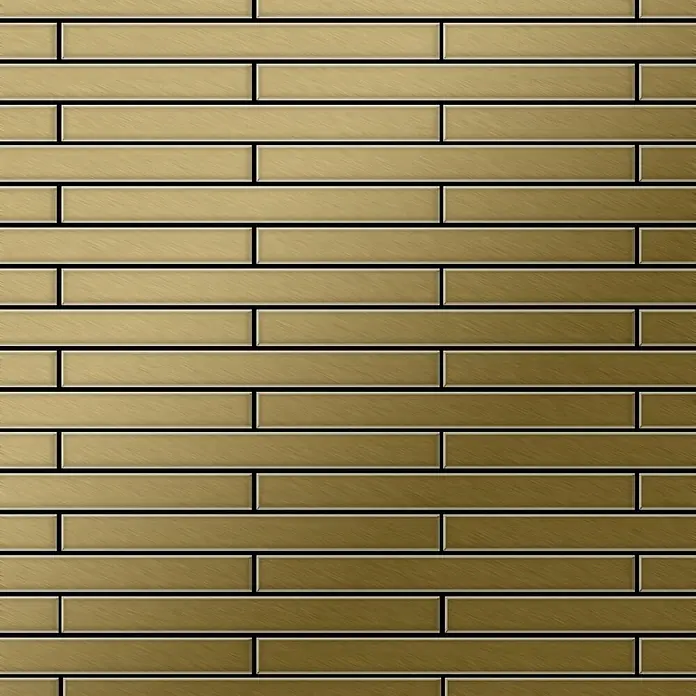 ALLOY Mosaikfliese Mosaik Fliese massiv Metall Titan gebürstet gold 1,6mm stark Avenue-Ti-GB - 289 x 315 mm, Gold, Sonstiges - Gold-bronzefarbene Rechteckfliesen mit gebürsteter Metalltextur, horizontal mit dunklen Fugen angeordnet.