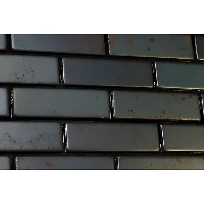 ALLOY Mosaikfliese Mosaik Fliese massiv Metall Rohstahl gewalzt grau 1,6mm stark PK-RS - 309 x 302 mm, Grau, Sonstiges - Dunkelgraue rechteckige Fliesen in versetztem Muster, mit leichtem Glanz und kleinen Oberflächenfehlern.