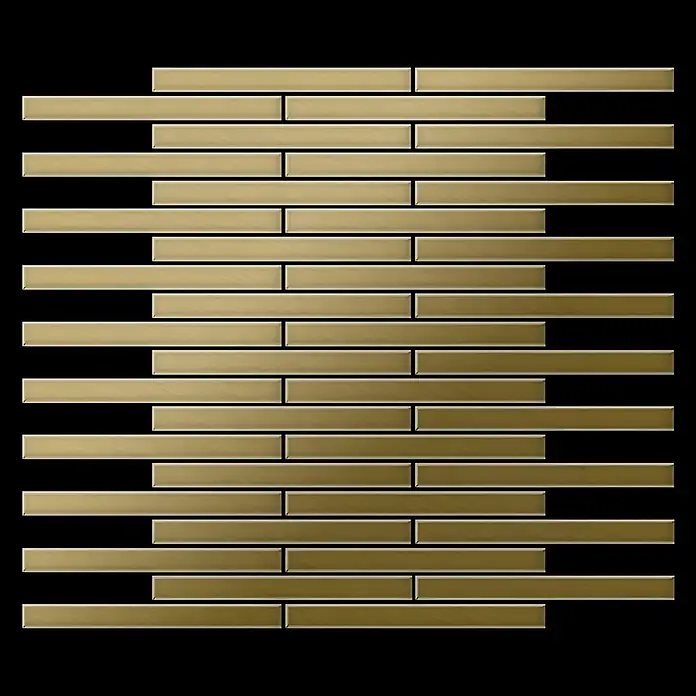 ALLOY Mosaikfliese Mosaik Fliese massiv Metall Titan gebürstet gold 1,6mm stark Avenue-Ti-GB - 289 x 315 mm, Gold, Sonstiges - Goldene rechteckige Metallmosaikfliesen in einem horizontalen, versetzten Muster.