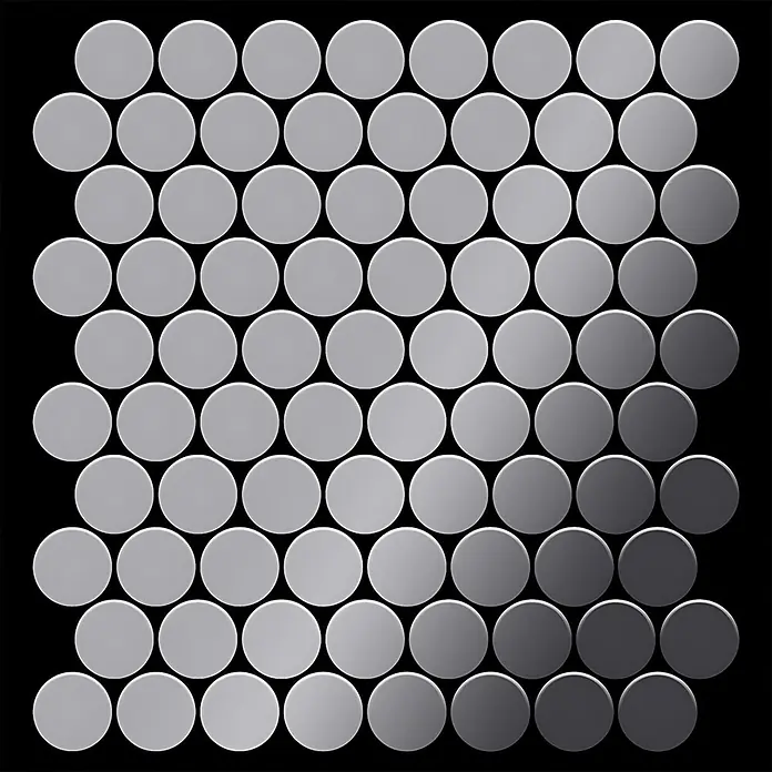 ALLOY Mosaikfliese Mosaik Fliese massiv Metall Edelstahl hochglanz grau 1,6mm Dollar-S-S-M - 295 x 322 mm, Grau, Silber, Hochglänzend - Runde graue Mosaikfliesen in einem Farbverlauf von hell nach dunkel, bilden eine moderne gemusterte Oberfläche.