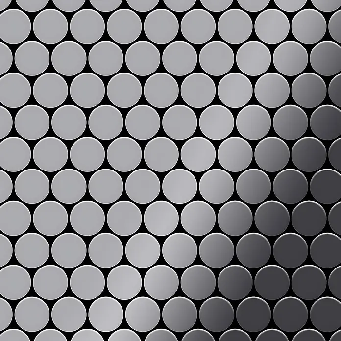 ALLOY Mosaikfliese Mosaik Fliese massiv Metall Edelstahl hochglanz grau 1,6mm Dollar-S-S-M - 295 x 322 mm, Grau, Silber, Hochglänzend - Mosaik aus grauen Rundfliesen mit einem Farbverlauf von hell nach dunkel.