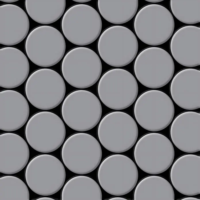 ALLOY Mosaikfliese Mosaik Fliese massiv Metall Edelstahl matt grau 1,6mm stark Dome-S-S-MA - 313 x 256 mm, Grau, Silber, Matt - Muster aus zahlreichen hellgrauen runden Elementen mit schwarzen Zwischenräumen.