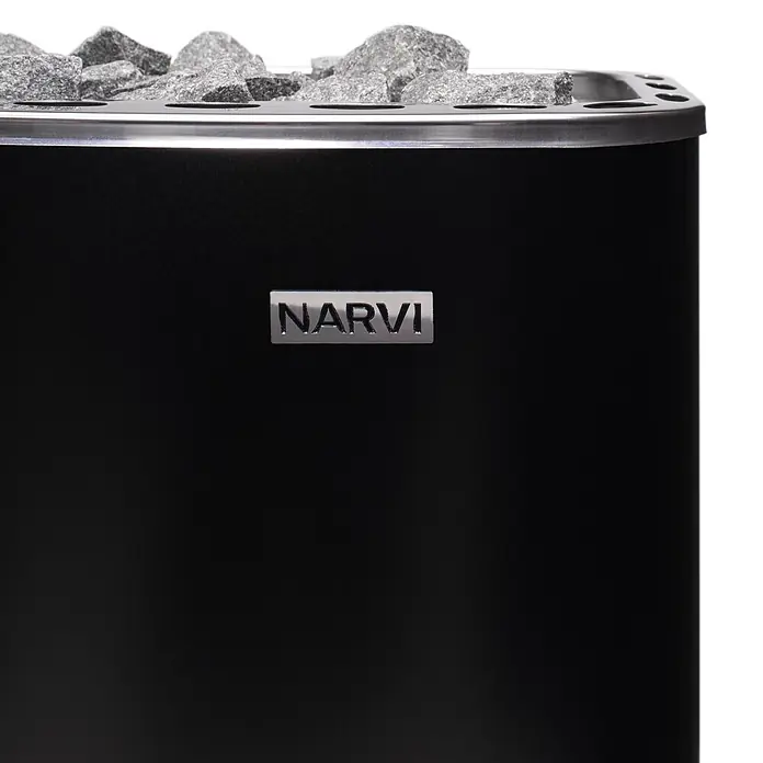 Palmako Saunaofen Narvi - 9 W, Raumheizvermögen: 9 m³ - 15 m³ - Schwarzer Saunaofen mit metallischem Rand, grauen Saunasteinen und silbernem 'NARVI'-Logo.