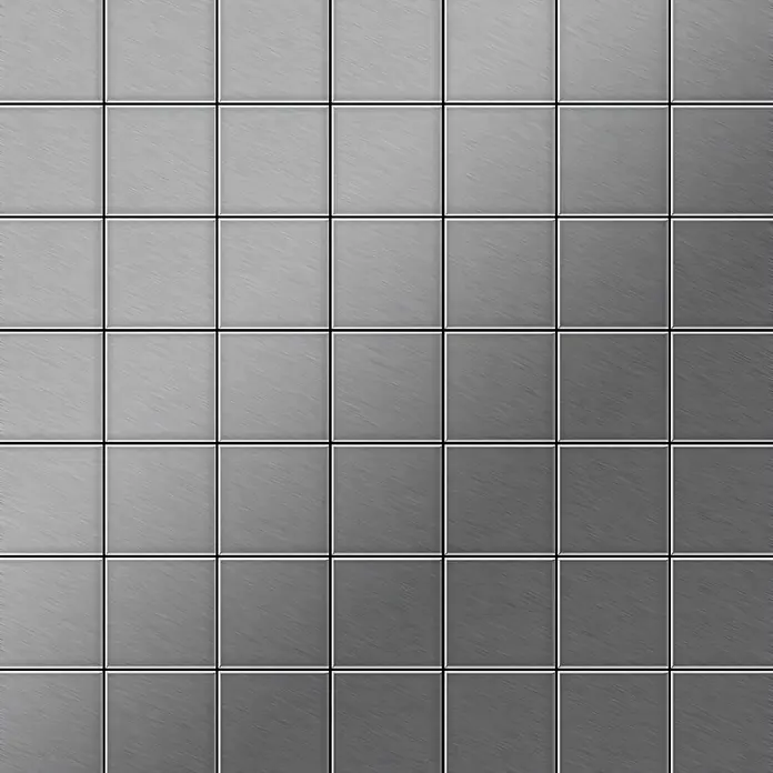ALLOY Mosaikfliese Mosaik Fliese massiv Edelstahl marine gebürstet grau 1,6mm Attica-S-S-MB - 295 x 295 mm, Grau, Silber, Blau, Sonstiges - Quadratische Fliesen aus gebürstetem grauem Metall mit dunklen Fugen als Rastermuster.