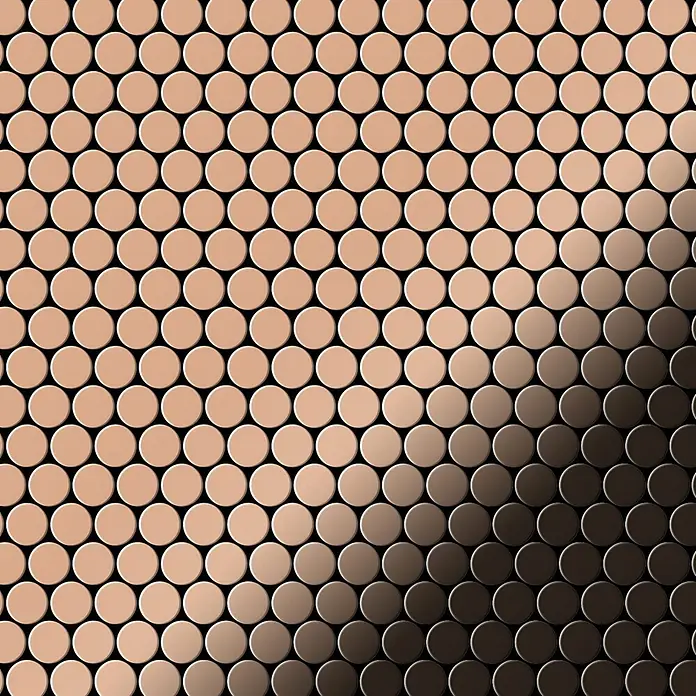 ALLOY Mosaikfliese Mosaik Fliese massiv Metall Kupfer gewalzt kupfer 1,6mm stark Penny-CM - 302 x 316 mm, Bronze, Sonstiges - Runde Pfirsichmosaikfliesen im Rastermuster, mit Hell-Dunkel-Verlauf.