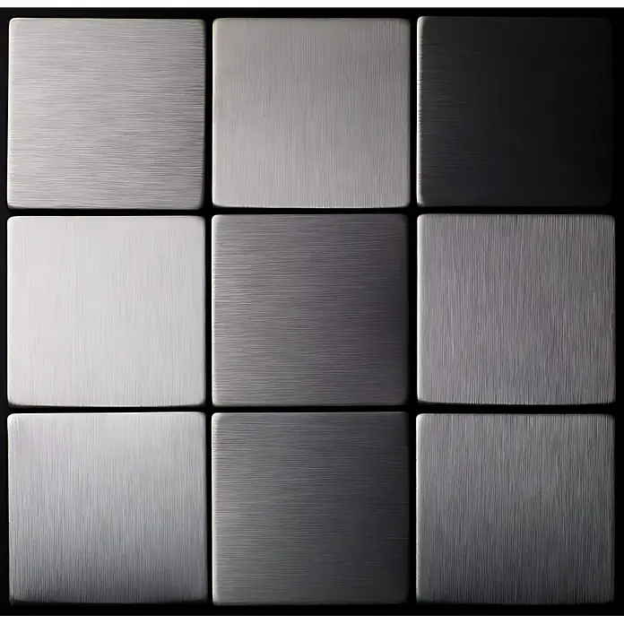 ALLOY Mosaikfliese Mosaik Fliese massiv Edelstahl gebürstet grau 1,6mm stark Attica-S-S-B - 295 x 295 mm, Grau, Silber, Sonstiges - Neun quadratische Fliesen mit gebürsteter Metalltextur, in verschiedenen Grau- und Schwarztönen.