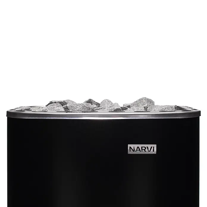 Palmako Saunaofen Narvi - 9 W, Raumheizvermögen: 9 m³ - 15 m³ - Schwarzer Narvi Saunaofen mit silberner Zierleiste und grauen Steinen oben.