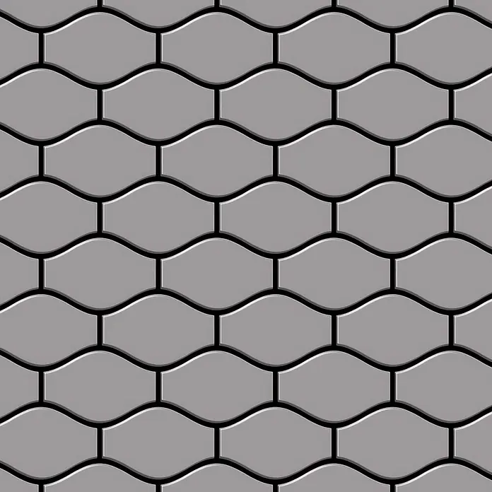 ALLOY Mosaikfliese Mosaik Fliese massiv Metall Edelstahl matt grau 1,6mm stark Karma-S-S-MA - 329 x 301 mm, Grau, Silber, Matt - Hellgraue, wellenförmige Sechseckfliesen mit dunklen Fugen.