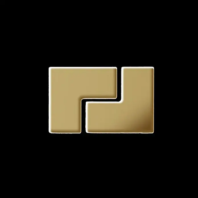 ALLOY Mosaikfliese Mosaik Fliese massiv Metall Titan hochglänzend gold 1,6mm stark Kink-Ti-GM - 307 x 304 mm, Gold, Hochglänzend - Zwei glänzende, goldfarbene L-förmige Teile ineinandergreifend.