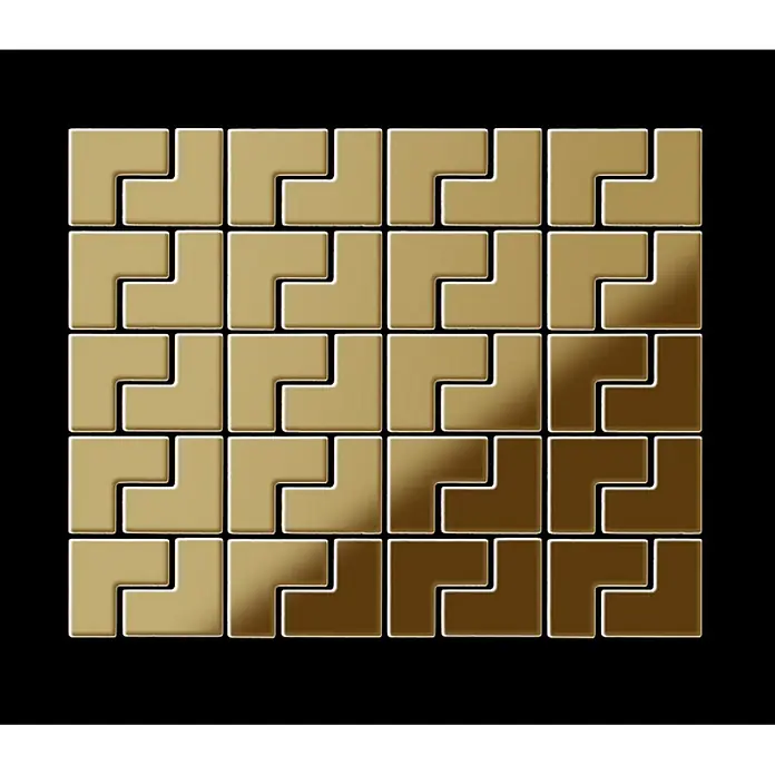ALLOY Mosaikfliese Mosaik Fliese massiv Metall Titan hochglänzend gold 1,6mm stark Kink-Ti-GM - 307 x 304 mm, Gold, Hochglänzend - Ein 5x5-Gitter aus ineinandergreifenden L-förmigen Fliesen mit polierter gold-bronzener Metalloberfläche.