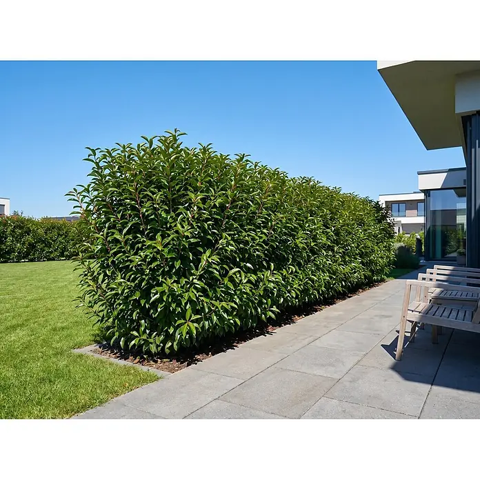 Piardino Portugiesische Lorbeerkirsche Angustifolia - Aktuelle Wuchshöhe: 80 cm - 100 cm, Prunus lusitanica 'Angustifolia', Topfgröße: 23 cm, 20 Stk. - Dichte, grüne Hecke mit üppigen Blättern, die eine moderne gepflasterte Terrasse mit Stühlen von einem grünen Rasen trennt.
