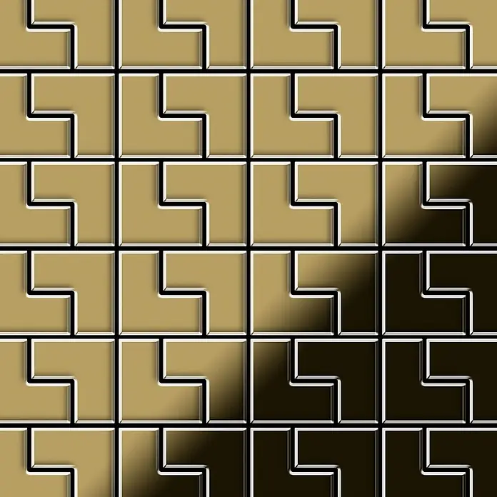ALLOY Mosaikfliese Mosaik Fliese massiv Metall Titan hochglänzend gold 1,6mm stark Kink-Ti-GM - 307 x 304 mm, Gold, Hochglänzend - Geometrisches Parkettmuster aus L-förmigen Blöcken in Gold-Braun-Farbverlauf mit glänzender, metallischer Oberfläche.
