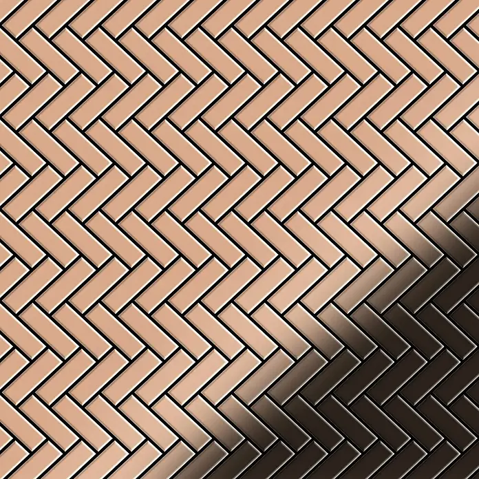 ALLOY Mosaikfliese Mosaik Fliese massiv Kupfer gewalzt kupfer 1,6mm stark Herringbone-CM - 309 x 300 mm, Bronze, Sonstiges - Roségoldfarbenes, glänzendes Fischgrätmuster aus Metallfliesen.