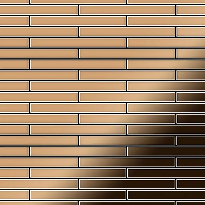 ALLOY Mosaikfliese Mosaik Fliese massiv Titan hochglänzend kupfer 1,6mm stark Deedee-Ti-AM - 316 x 247 mm, Bronze, Hochglänzend - Wand aus rechteckigen Fliesen mit horizontalem Farbverlauf von Hellbeige zu Dunkelbraun, versetzt angeordnet.