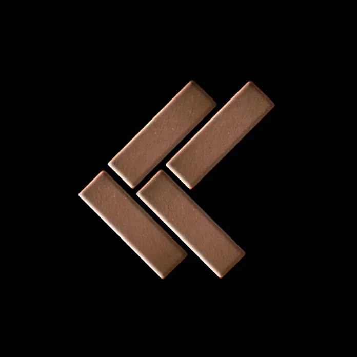 ALLOY Mosaikfliese Mosaik Fliese massiv Kupfer gewalzt kupfer 1,6mm stark Herringbone-CM - 309 x 300 mm, Bronze, Sonstiges - Vier kupferbraune, rechteckige Fliesen in einem nach links zeigenden Chevron-Muster.