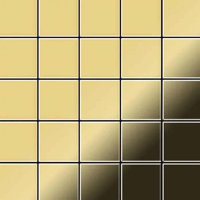ALLOY Mosaikfliese Mosaik Fliese massiv Metall Messing gewalzt gold 1,6mm stark Century-BM - 98 x 98 mm, Gold, Sonstiges - Goldene quadratische Fliesen in einem Raster mit reflektierendem Farbverlauf.
