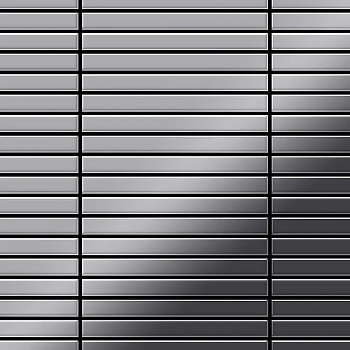 ALLOY Mosaikfliese Mosaik Fliese massiv Metall Edelstahl hochglanz grau 1,6mm Linear-S-S-M - 316 x 297 mm, Grau, Silber, Hochglänzend - Glänzende, metallische horizontale Lamellen in Grau- und Schwarztönen, die ein Raster bilden.
