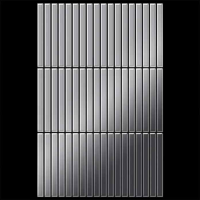 ALLOY Mosaikfliese Mosaik Fliese massiv Metall Edelstahl hochglanz grau 1,6mm Linear-S-S-M - 316 x 297 mm, Grau, Silber, Hochglänzend - Glänzende metallische graue rechteckige Fliesen in einem Gittermuster angeordnet.