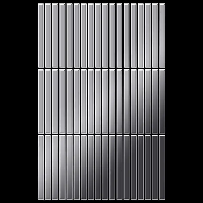 ALLOY Mosaikfliese Mosaik Fliese massiv Metall Edelstahl hochglanz grau 1,6mm Linear-S-S-M - 316 x 297 mm, Grau, Silber, Hochglänzend - Längliche, metallisch-silberne Fliesen in einem Gittermuster.
