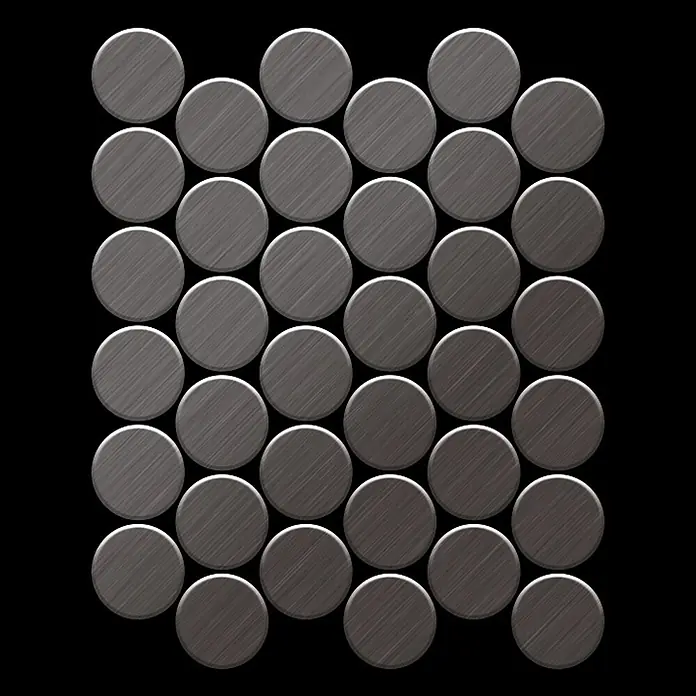 ALLOY Mosaikfliese Mosaik Fliese massiv Titan gebürstet dunkelgrau 1,6mm Medallion-Ti-SB - 313 x 256 mm, Schwarz, Grau, Sonstiges - Anordnung kreisförmiger, gebürsteter silbergrauer Metallfliesen.