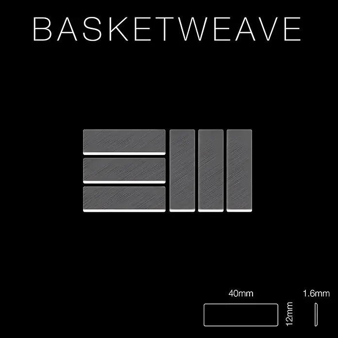 ALLOY Mosaikfliese Mosaik Fliese massiv Titan gebürstet dunkelgrau 1,6mm Basketweave-Ti-SB - 288 x 288 mm, Schwarz, Grau, Sonstiges - Rechteckige Blöcke aus gebürstetem grauem Metall, 40x12x1.6mm, im Korbflechtmuster angeordnet.