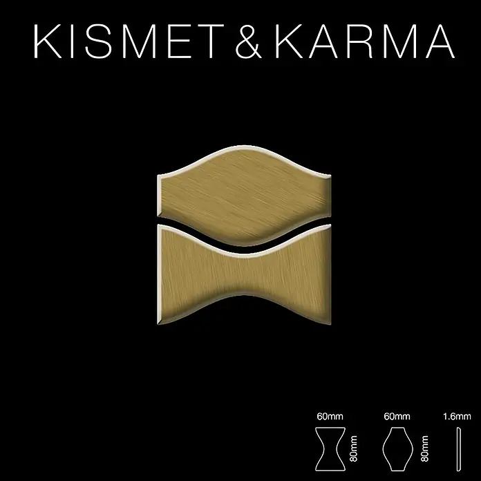 ALLOY Mosaikfliese Mosaik Fliese massiv Metall Titan gebürstet gold 1,6mm Kismet & Karma-Ti-GB - 299 x 299 mm, Gold, Sonstiges - Goldfarbenes metallisches Sanduhr-Dekorstück, horizontal geteilt. Inklusive Maßskizzen für Sanduhr-, sechseckige und rechteckige Formen (60x80mm, 1.6mm).