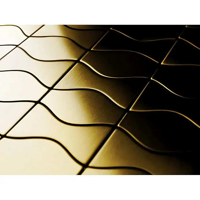 ALLOY Mosaikfliese Mosaik Fliese massiv Metall Titan gebürstet gold 1,6mm Kismet & Karma-Ti-GB - 299 x 299 mm, Gold, Sonstiges - Goldene wellenförmige Strukturfliesen mit Licht-Schatten-Spiel.