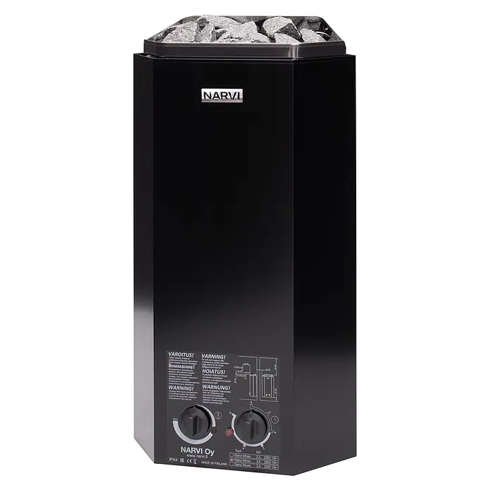 Palmako Saunaofen Narvi - 3,6 W, Raumheizvermögen: 2 m³ - 4 m³ - Schwarzer rechteckiger Elektro-Saunaofen mit grauen Steinen oben und Bedienknöpfen vorne.