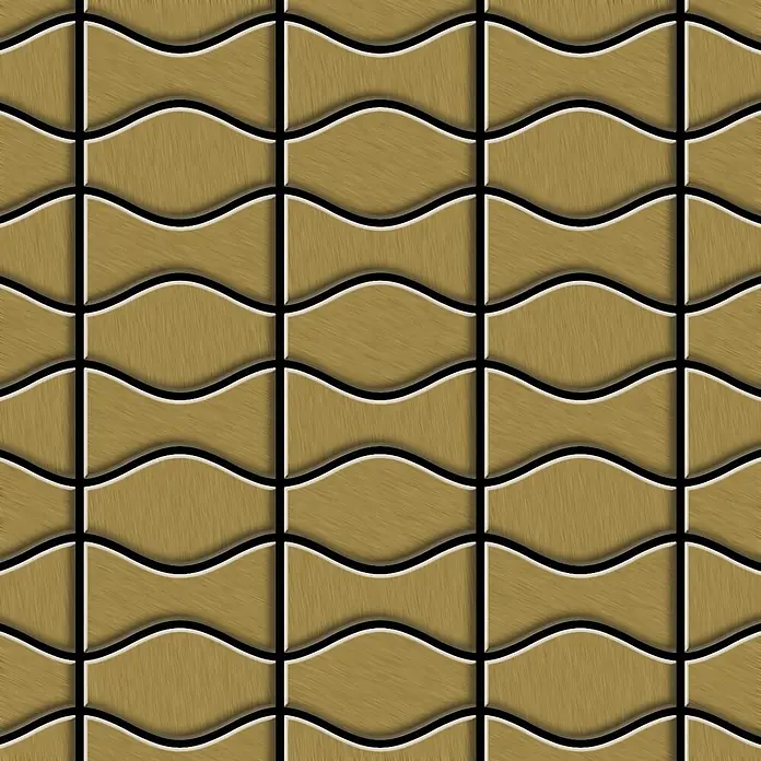 ALLOY Mosaikfliese Mosaik Fliese massiv Metall Titan gebürstet gold 1,6mm Kismet & Karma-Ti-GB - 299 x 299 mm, Gold, Sonstiges - Nahtloses Muster aus goldbraunen Wellenfliesen mit gebürsteter Textur, weiß umrandet mit schwarzen Fugen, für eine dekorative Oberfläche.