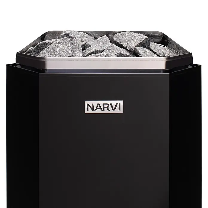 Palmako Saunaofen Narvi - 3,6 W, Raumheizvermögen: 2 m³ - 4 m³ - Schwarzer Saunaofen mit metallischem NARVI-Logo und grauen Saunasteinen obenauf.