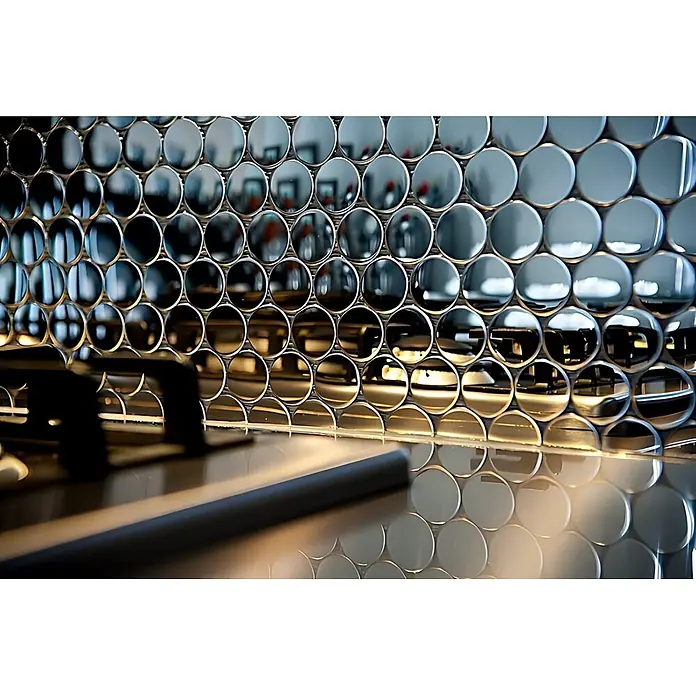 ALLOY Mosaikfliese Mosaik Fliese massiv Metall Edelstahl hochglanz grau 1,6mm Dollar-S-S-M - 295 x 322 mm, Grau, Silber, Hochglänzend - Glänzende, runde Metallfliesen an einer Wand, die Umgebungslicht und Formen reflektieren.