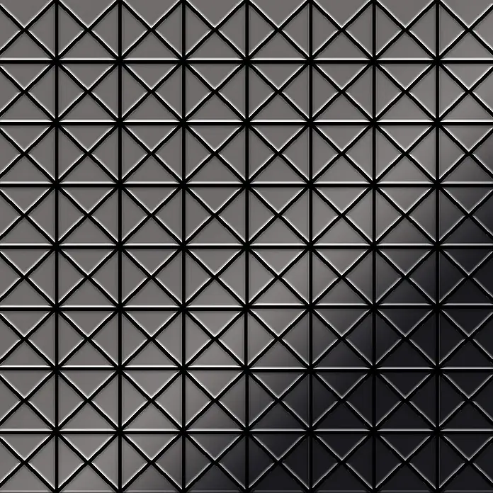 ALLOY Mosaikfliese Mosaik Fliese massiv Metall Titan hochglanz dunkelgrau 1,6mm Deco-Ti-SM - 303 x 303 mm, Schwarz, Grau, Hochglänzend - Geometrisches Gittermuster aus geprägten grauen und dunkelgrauen Dreiecken, metallische Textur.