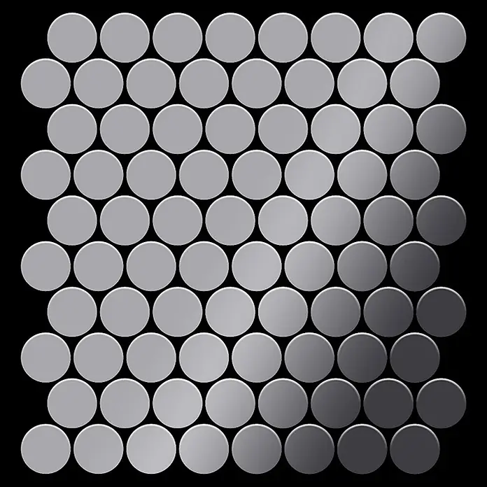 ALLOY Mosaikfliese Mosaik Fliese massiv Metall Edelstahl hochglanz grau 1,6mm Dollar-S-S-M - 295 x 322 mm, Grau, Silber, Hochglänzend - Graue runde Mosaikfliesen in einem Hell-Dunkel-Verlauf angeordnet.