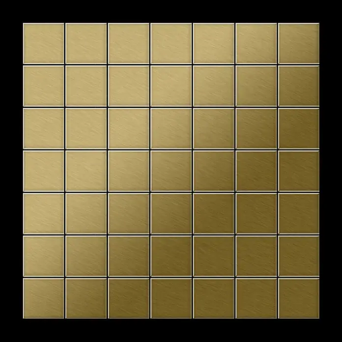 ALLOY Mosaikfliese Mosaik Fliese massiv Metall Titan gebürstet gold 1,6mm stark Attica-Ti-GB - 295 x 295 mm, Gold, Sonstiges - Gebürstete quadratische Metallfliesen in warmem Messington, gitterförmig mit subtilem Farbverlauf.