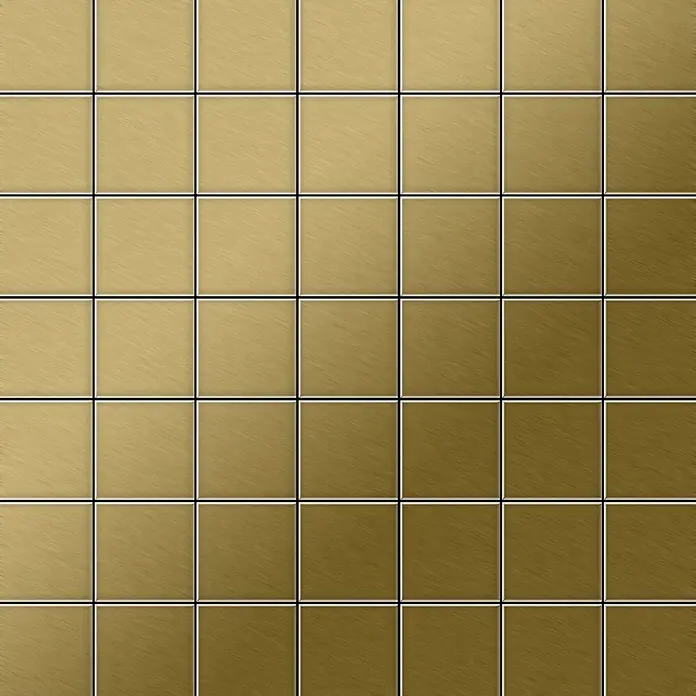 ALLOY Mosaikfliese Mosaik Fliese massiv Metall Titan gebürstet gold 1,6mm stark Attica-Ti-GB - 295 x 295 mm, Gold, Sonstiges - Gebürstete goldfarbene Metallfliesen in einem Gittermuster mit einem horizontalen Farbverlauf.