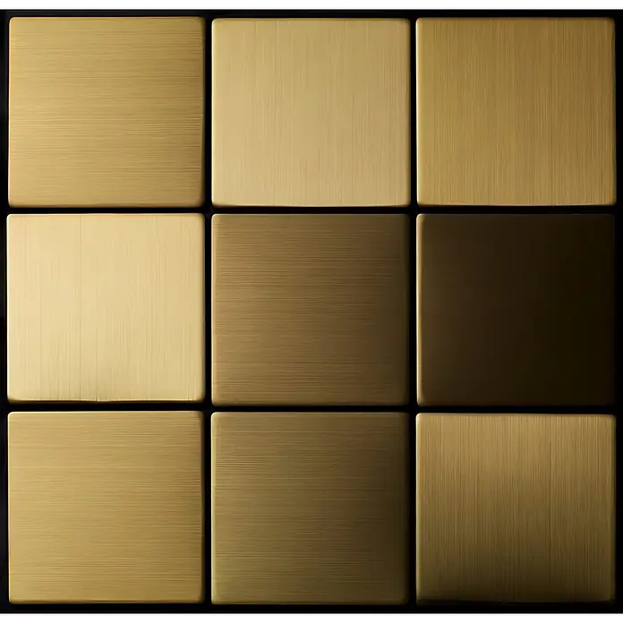 ALLOY Mosaikfliese Mosaik Fliese massiv Metall Titan gebürstet gold 1,6mm stark Attica-Ti-GB - 295 x 295 mm, Gold, Sonstiges - Gebürstete Metallmusterfliesen in verschiedenen Gold- und Bronzetönen, gitterförmig angeordnet.