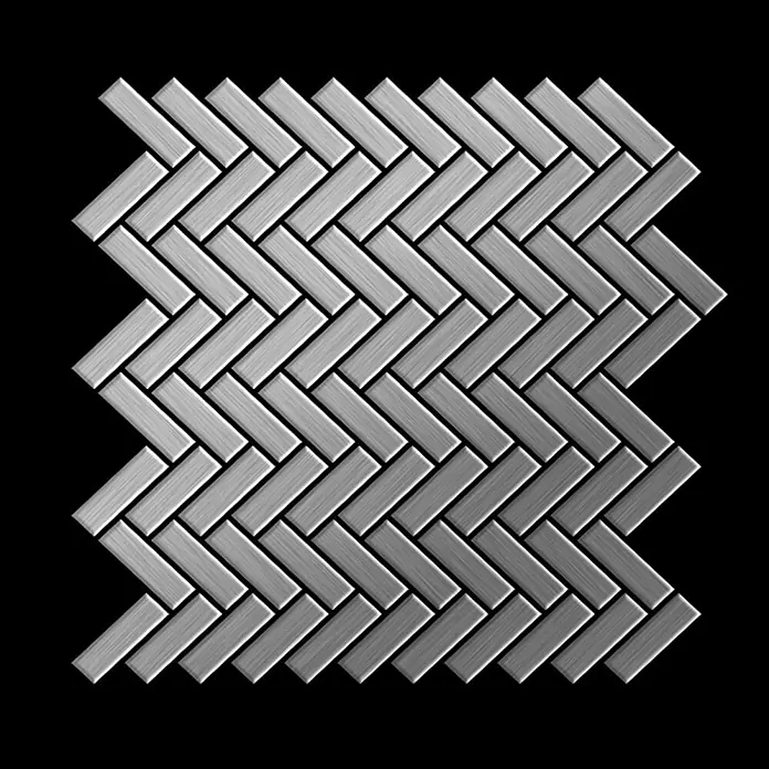 ALLOY Mosaikfliese Mosaik Fliese massiv Edelstahl gebürstet grau 1,6mm Herringbone-S-S-B - 309 x 300 mm, Grau, Silber, Sonstiges - Gebürstete metallische silber/graue Rechteckfliesen im klassischen Fischgrätmuster.