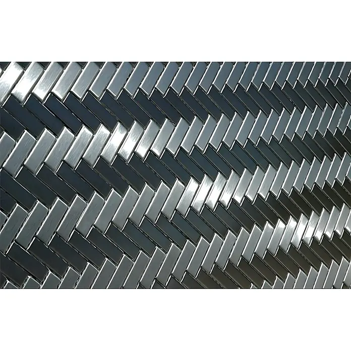 ALLOY Mosaikfliese Mosaik Fliese massiv Edelstahl gebürstet grau 1,6mm Herringbone-S-S-B - 309 x 300 mm, Grau, Silber, Sonstiges - Zweifarbige Metallfliesen im Fischgrätmuster mit abwechselnd hell- und dunkelgrauen Rechtecken.