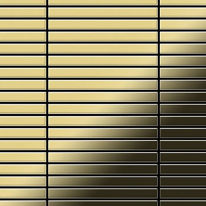 ALLOY Mosaikfliese Mosaik Fliese massiv Metall Messing gewalzt gold 1,6mm stark Linear-BM - 316 x 297 mm, Gold, Sonstiges - Horizontale Jalousien aus goldfarbenem Metall mit Farbverlauf von hellem Gold zu dunkler Bronze.