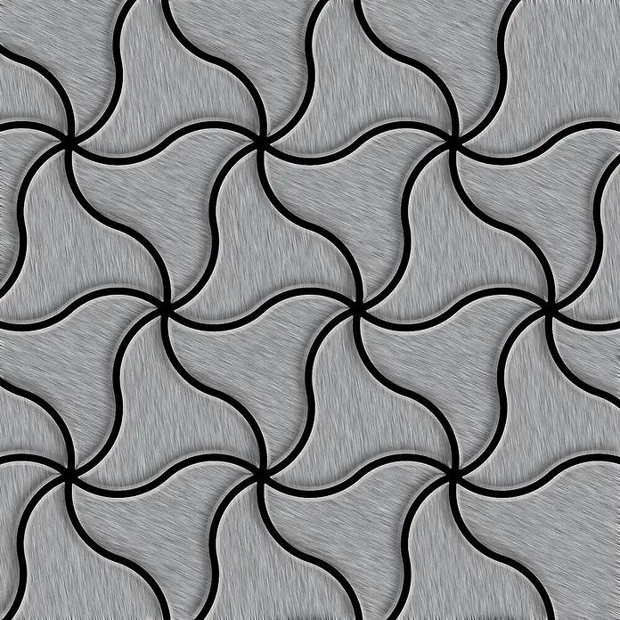 ALLOY Mosaikfliese Mosaik Fliese massiv Edelstahl gebürstet grau 1,6mm stark Ninja-S-S-B - 313 x 255 mm, Grau, Silber, Sonstiges - Nahtloses Muster aus ineinandergreifenden, gebürsteten grauen Metallfliesen mit schwarzen Fugen.
