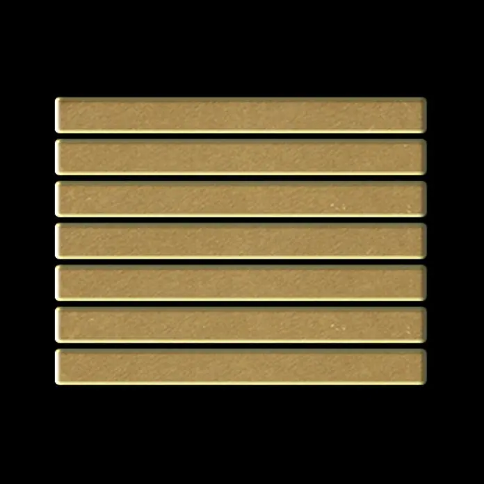 ALLOY Mosaikfliese Mosaik Fliese massiv Metall Messing gewalzt gold 1,6mm stark Linear-BM - 316 x 297 mm, Gold, Sonstiges - Sieben goldene metallische rechteckige Stäbe horizontal gestapelt.
