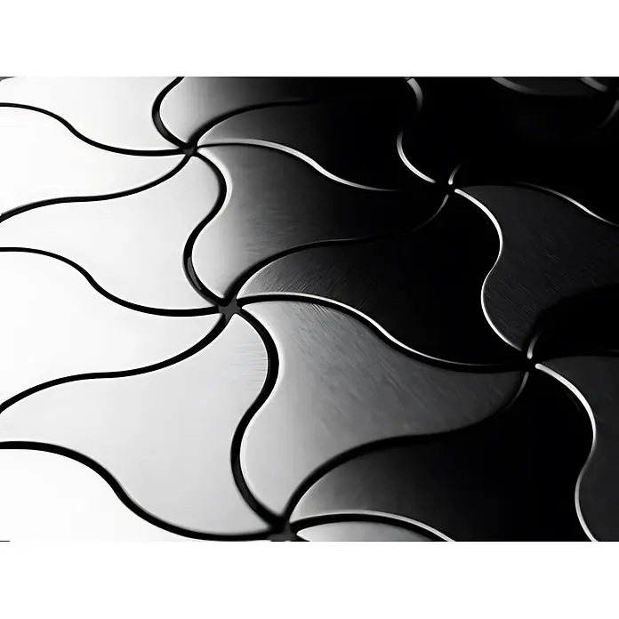 ALLOY Mosaikfliese Mosaik Fliese massiv Edelstahl gebürstet grau 1,6mm stark Ninja-S-S-B - 313 x 255 mm, Grau, Silber, Sonstiges - Abstraktes schwarz-weißes Metallmuster mit geschwungenen, ineinandergreifenden Formen.