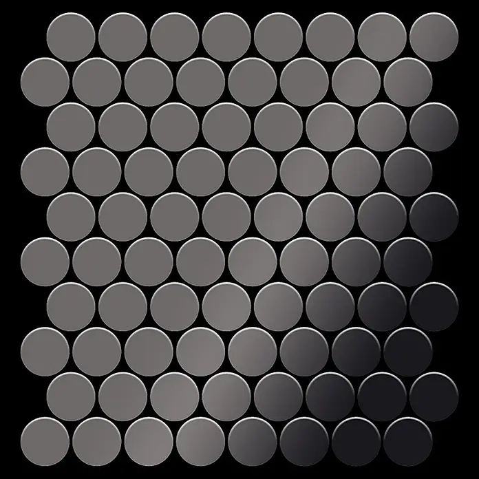 ALLOY Mosaikfliese Mosaik Fliese massiv Metall Titan hochglanz dunkelgrau 1,6mm Dollar-Ti-SM - 295 x 322 mm, Schwarz, Grau, Hochglänzend - Runde Mosaikfliesen mit Grauverlauf, allmählich dunkler werdend von Hellgrau zu Dunkelgrau.
