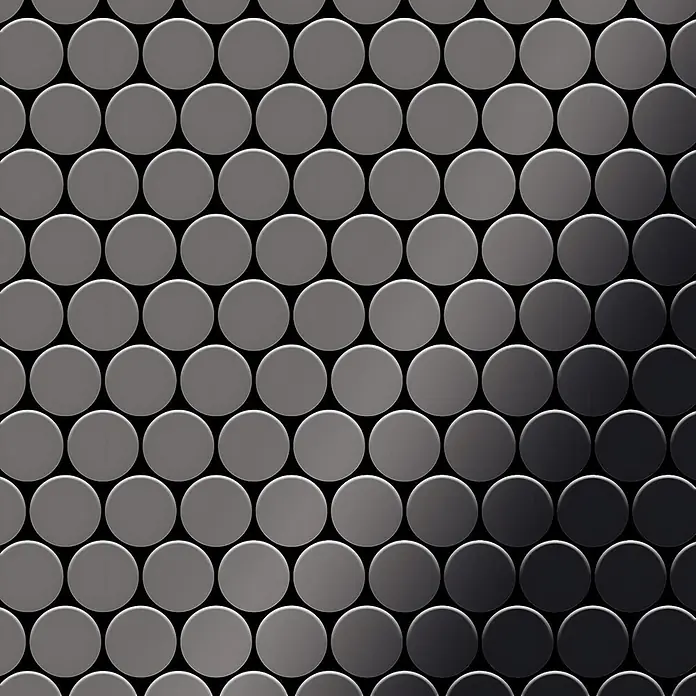 ALLOY Mosaikfliese Mosaik Fliese massiv Metall Titan hochglanz dunkelgrau 1,6mm Dollar-Ti-SM - 295 x 322 mm, Schwarz, Grau, Hochglänzend - Runde Mosaikfliesen mit einem Hell- zu Dunkelgrau-Farbverlauf.