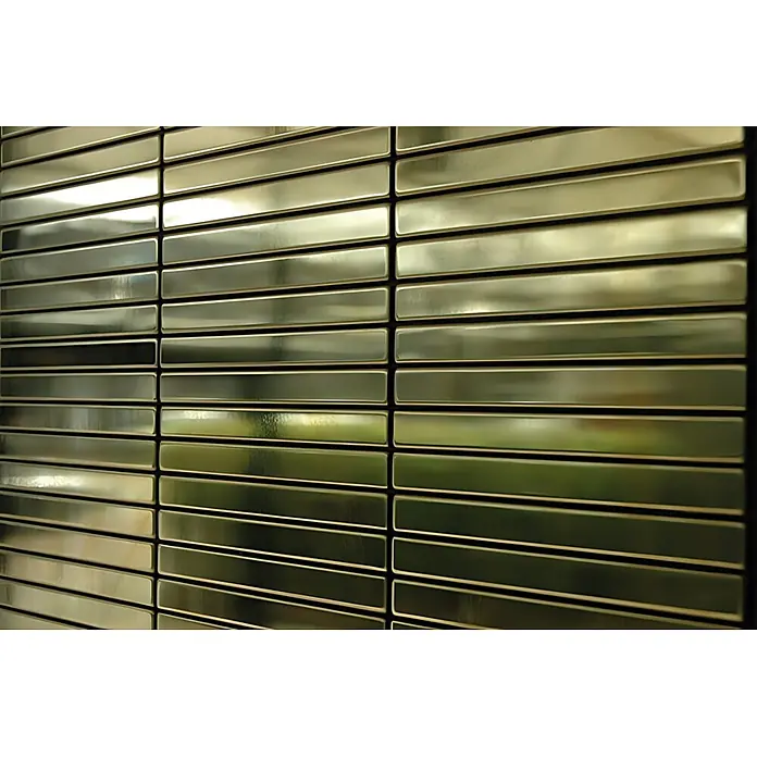ALLOY Mosaikfliese Mosaik Fliese massiv Metall Messing gewalzt gold 1,6mm stark Linear-BM - 316 x 297 mm, Gold, Sonstiges - Horizontale metallisch-goldene Rechteckfliesen bilden eine dekorative Oberfläche.