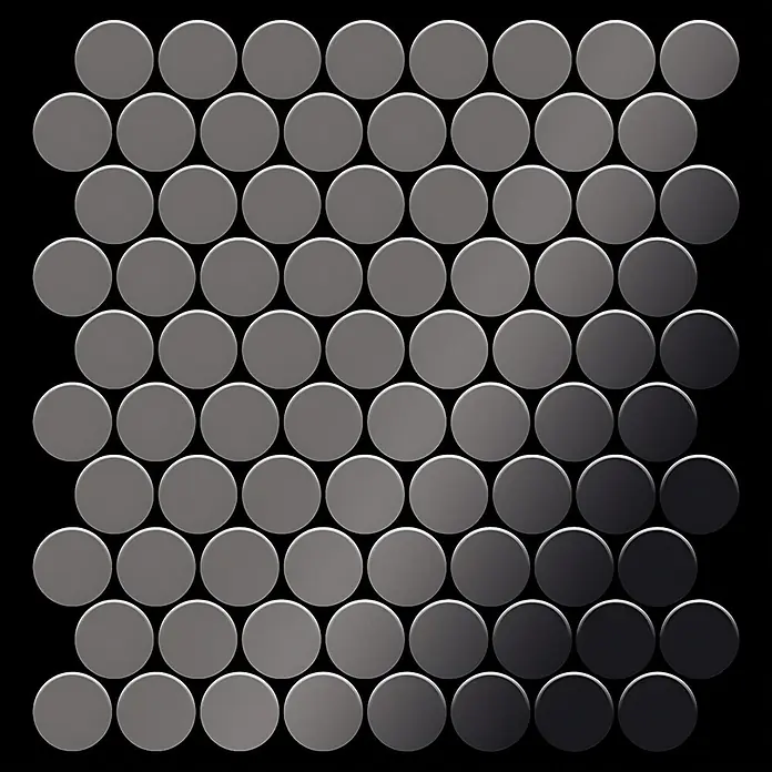 ALLOY Mosaikfliese Mosaik Fliese massiv Metall Titan hochglanz dunkelgrau 1,6mm Dollar-Ti-SM - 295 x 322 mm, Schwarz, Grau, Hochglänzend - Gitter aus runden Mosaikfliesen mit diagonalem Farbverlauf von Hell- zu Dunkelgrau/Schwarz.